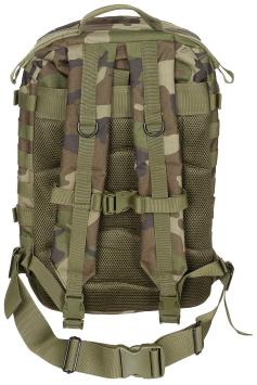MFH Assault II 40L MOLLE backpack with multiple compartments woodland